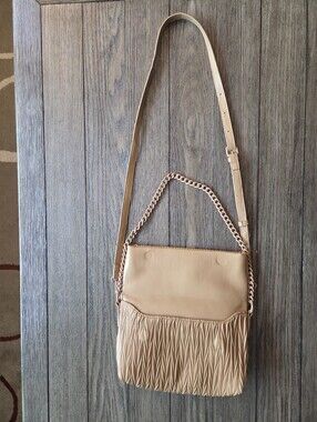 Madison West Tan Ruched Matelassé Crossbody Bag with Chain Accent